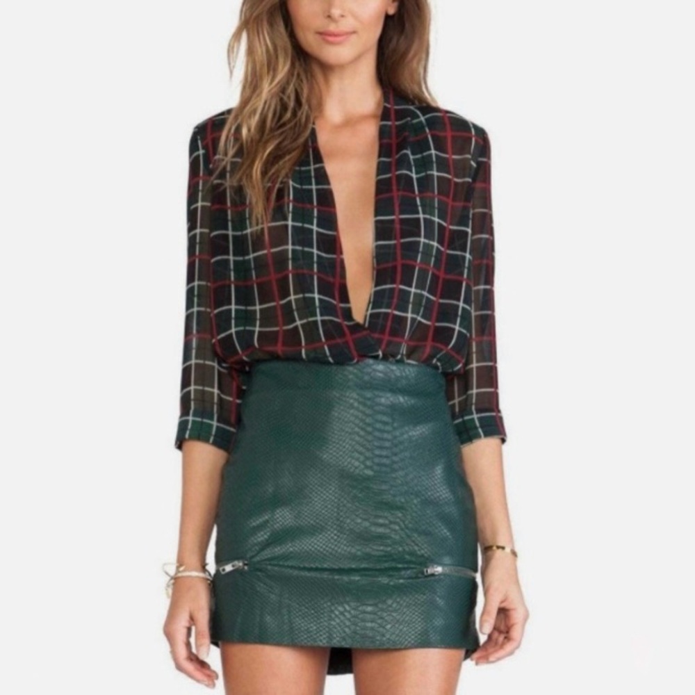 LOVERS and FRIENDS Plaid Sheer Blouse Green Red Chiffon Large Revolve